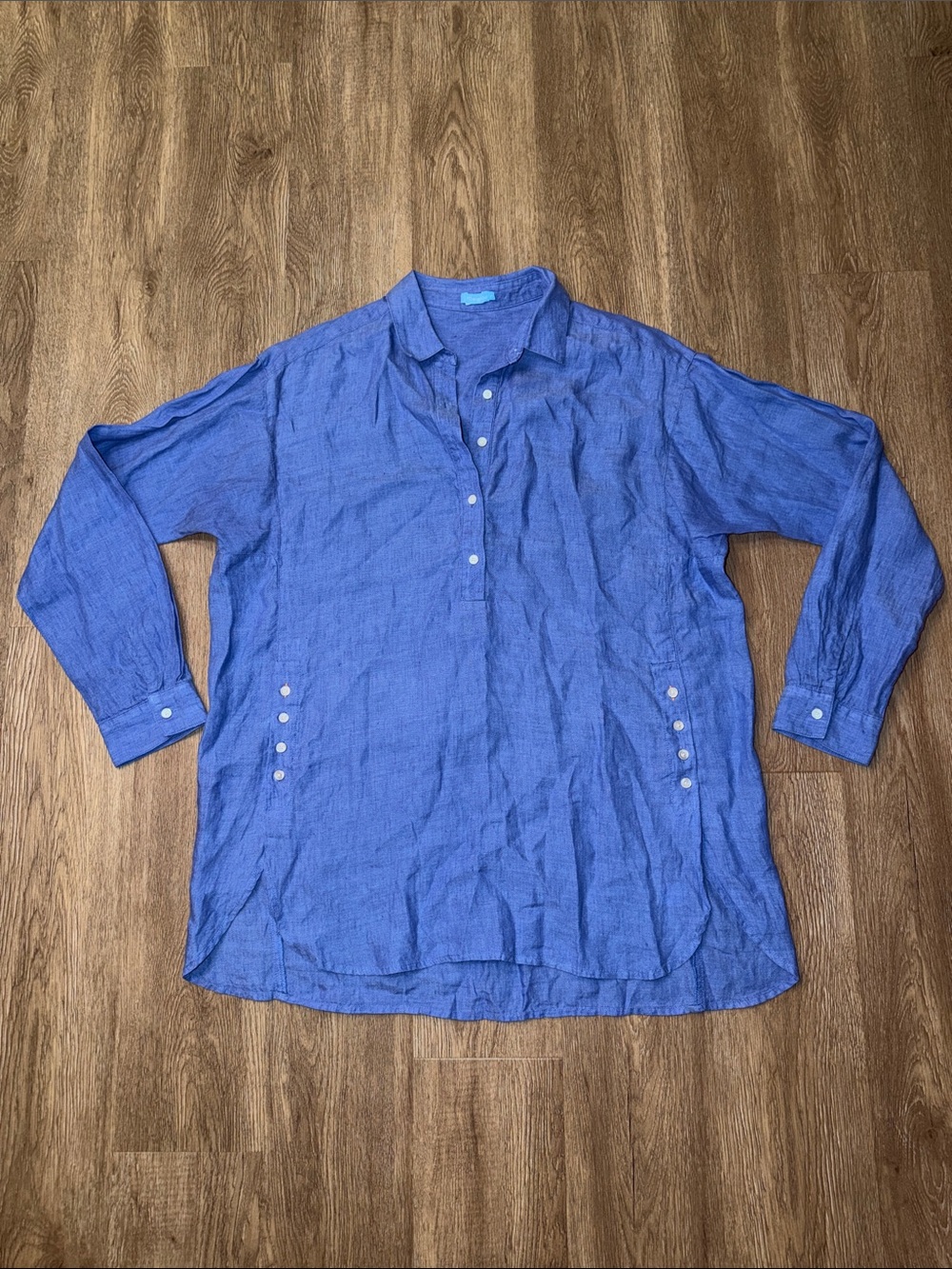 J. McLaughlin 100% Linen Side Button Tunic Shirt DarkCornflower Blue Size Medium